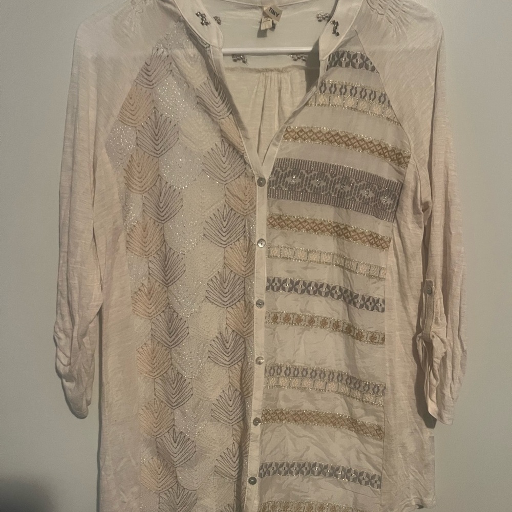 Anthropology embroidered silk cotton top